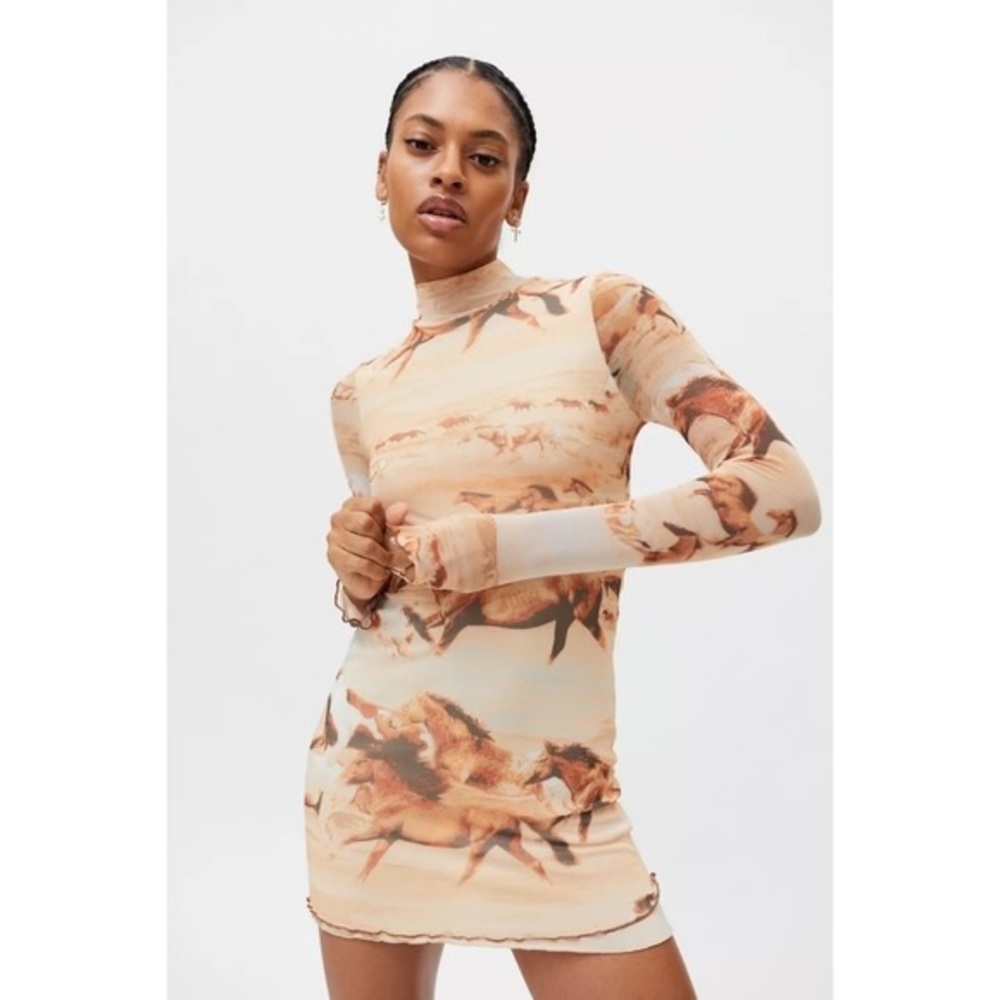 Urban Outfitters Alessia Horse Print Mock Neck Mesh Mini Dress Size Small